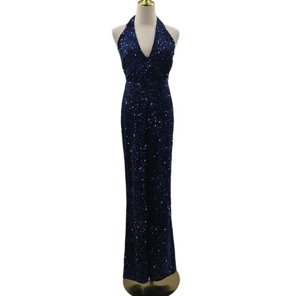 LULU'S SZ S Mesmerizing Diva Navy Blue Sequin Wide-Leg Halter Jumpsuit NEW B27 - Picture 3 of 11